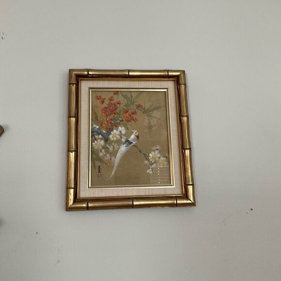 Vintage Chinese watercolor painting on silk paper, framed in faux bamboo. - Picture 2 of 9